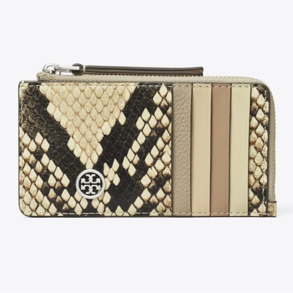 Tory Burch Robinson Snake Embossed Zip Card Case Coriander/Black Multi